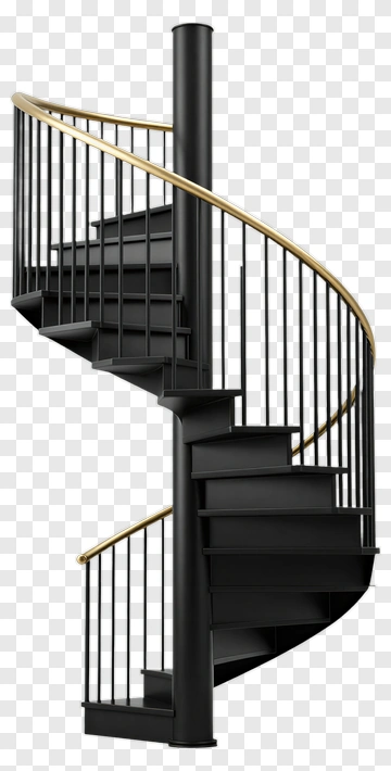 Spiral Staircase With Black Steps And Gold Railing PNG