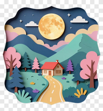 Colorful Paper Cut Landscape With House And Mountains PNG