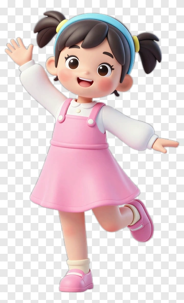 Cartoon Girl In Pink Dress Waving PNG