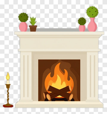 Cozy Fireplace With Decorative Plants And Candle PNG