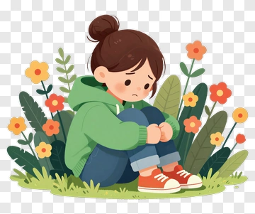 Sad Girl Sitting Among Flowers PNG