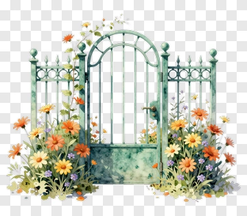 Garden Gate Surrounded By Colorful Flowers PNG