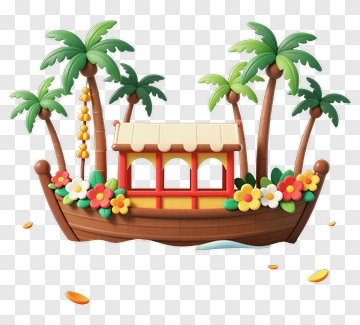 Colorful Tropical Boat Surrounded By Palm Trees And Flowers PNG