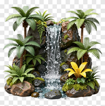 Waterfall Surrounded By Tropical Plants PNG