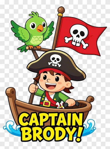 Cartoon Pirate Captain Brody With Parrot On Ship PNG