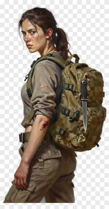 Female Soldier With Tactical Backpack And Knife PNG
