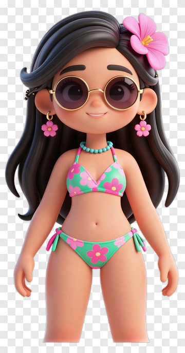 Cartoon Girl In A Floral Bikini PNG
