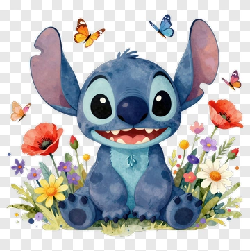 Cartoon Stitch Sitting Among Flowers And Butterflies PNG