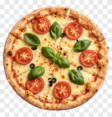 Pizza With Tomatoes And Basil Leaves PNG