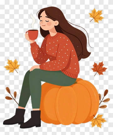 Woman Sitting On Pumpkin Holding A Cup Of Coffee PNG