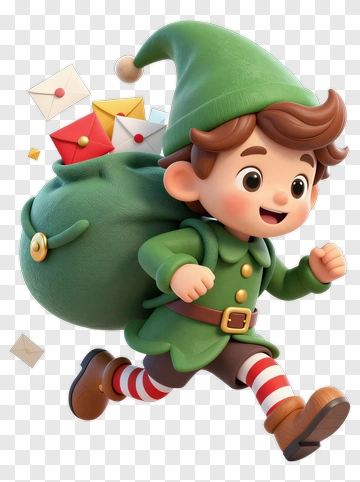 Cartoon Elf Running With A Gift Bag PNG