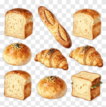 Variety Of Bread Types Including Loaves And Rolls PNG