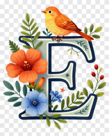 Colorful Letter E With Bird And Flowers PNG