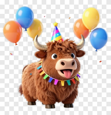 Cartoon Highland Cow With Party Balloons PNG