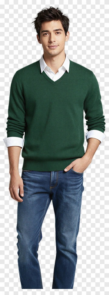 Casual Young Man In Green Sweater And Jeans PNG