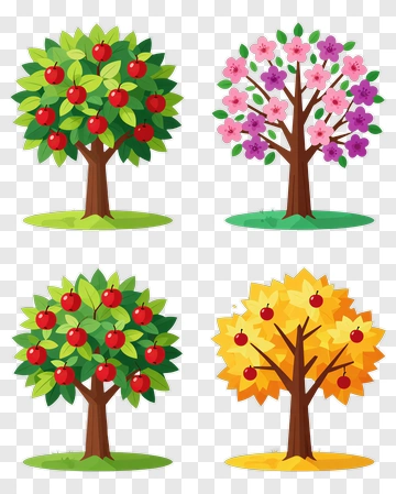 Colorful Tree Collection With Apples And Flowers PNG