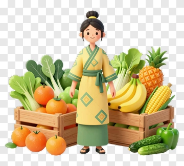 Cartoon Farmer With Fresh Vegetables And Fruits PNG