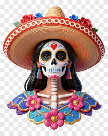 Colorful Sugar Skull Woman With Sombrero PNG