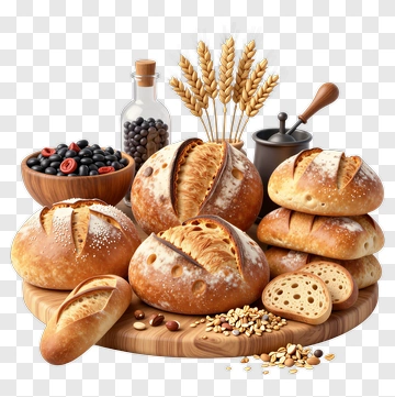 Fresh Bread Loaves And Ingredients On A Wooden Platter PNG