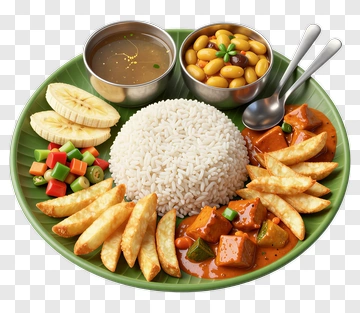 Plate Of Rice With Curry And Side Dishes PNG