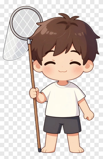 Cartoon Boy Holding A Butterfly Net PNG