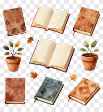 Collection Of Open And Closed Books With Potted Plants PNG