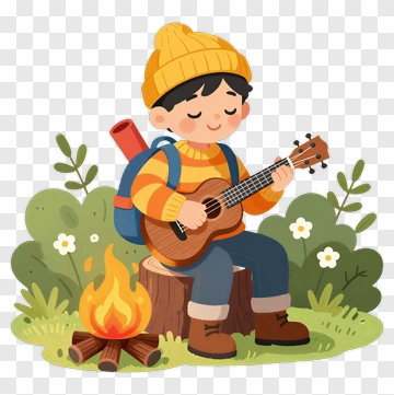 Boy Playing Ukulele By A Campfire PNG