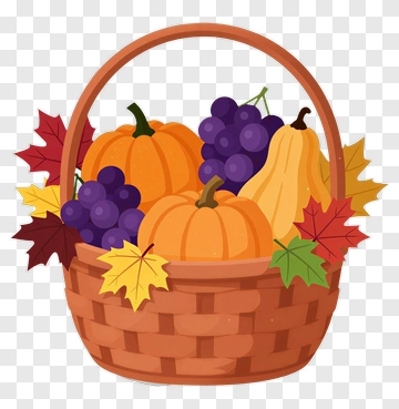 Pumpkin And Grape Basket With Autumn Leaves PNG