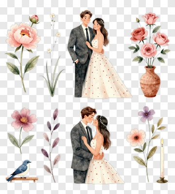 Couple Embracing Surrounded By Flowers And Decorative Elements PNG