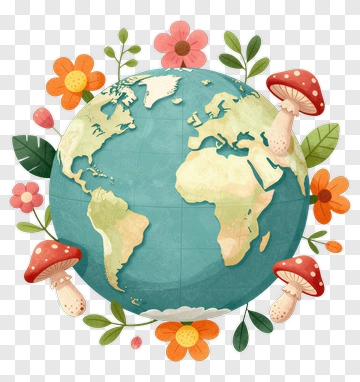 Colorful Earth Surrounded By Flowers And Mushrooms PNG