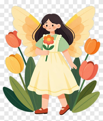 Cartoon Fairy Holding A Flower Among Colorful Tulips PNG