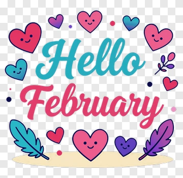 Hello February With Colorful Hearts And Feathers PNG
