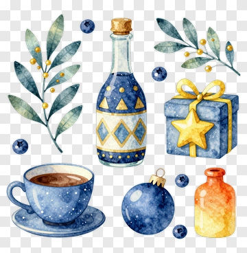 Watercolor Coffee Cup And Holiday Decorations PNG