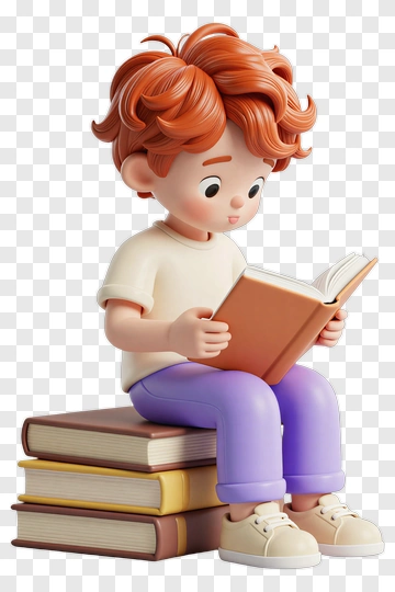 3D Boy Reading A Book On Stacked Books PNG