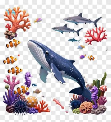 Whale Swimming Among Colorful Coral And Fish PNG