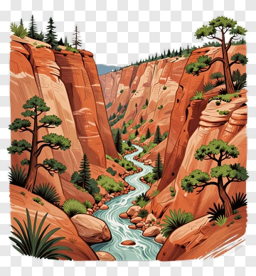 Canyon Landscape With River And Trees PNG