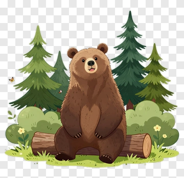 Cartoon Bear Sitting On A Log In The Forest PNG