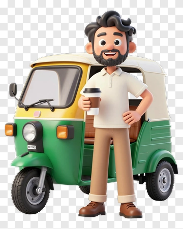 3D Man Holding Coffee Next To Auto Rickshaw PNG