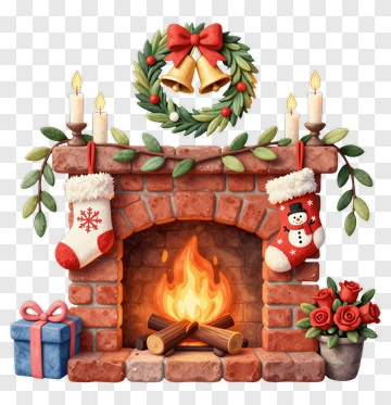 Christmas Fireplace With Stockings And Presents PNG