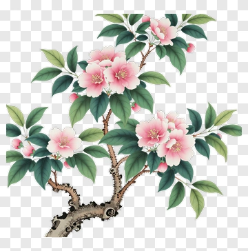 Pink Flowering Branch With Green Leaves PNG