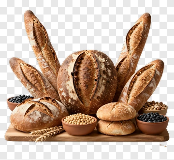 Artisan Bread Loaves And Bowls Of Grains PNG
