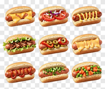 Variety Of Hot Dogs With Different Toppings PNG