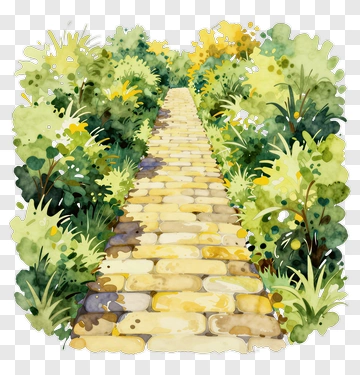 Watercolor Pathway Surrounded By Lush Greenery PNG