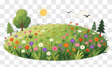 Colorful Flower Meadow With Trees And Sun PNG