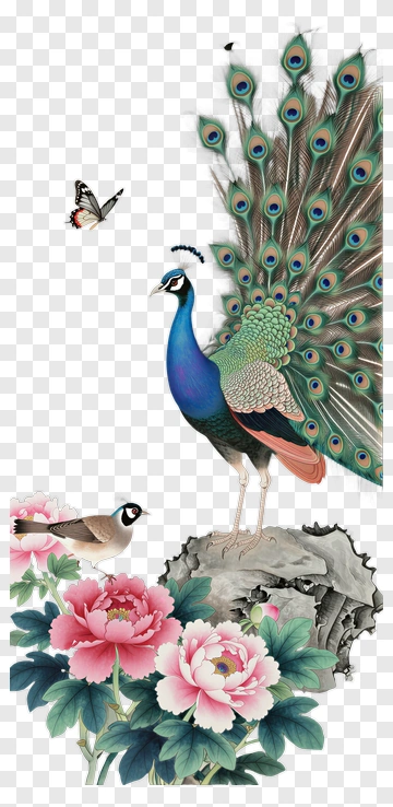 Peacock And Flowers With Butterfly PNG