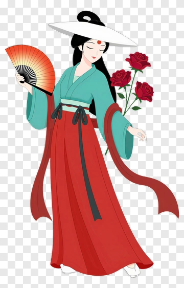 Woman In Traditional Kimono Holding A Fan And Roses PNG