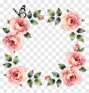 Floral Frame With Pink Roses And Butterfly PNG