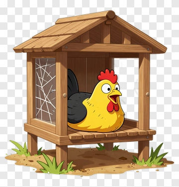 Cartoon Chicken In A Wooden Coop PNG
