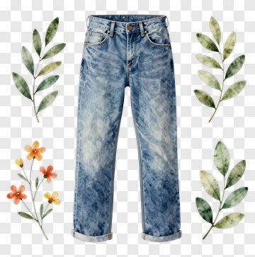 Distressed Denim Jeans With Floral And Leaf Accents PNG