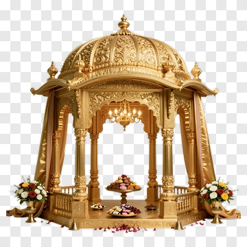 Ornate Golden Wedding Mandap With Flowers And Sweets PNG